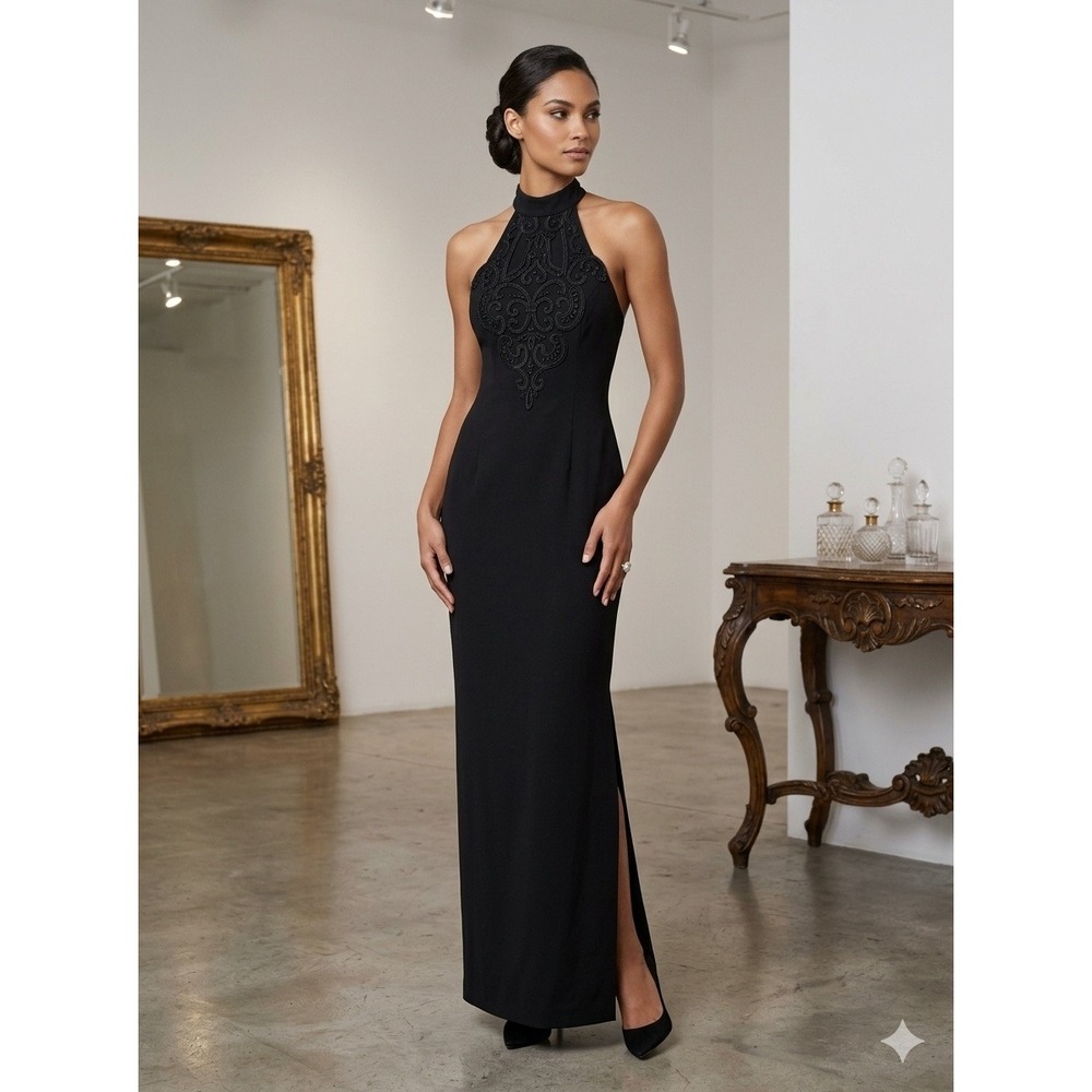 Scott McClintock Y2K 90s Black Halter Neck Embroidered Evening Gown Size 6 Gala